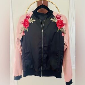 Embroidered Floral Bomber Jacket - Pink & Black